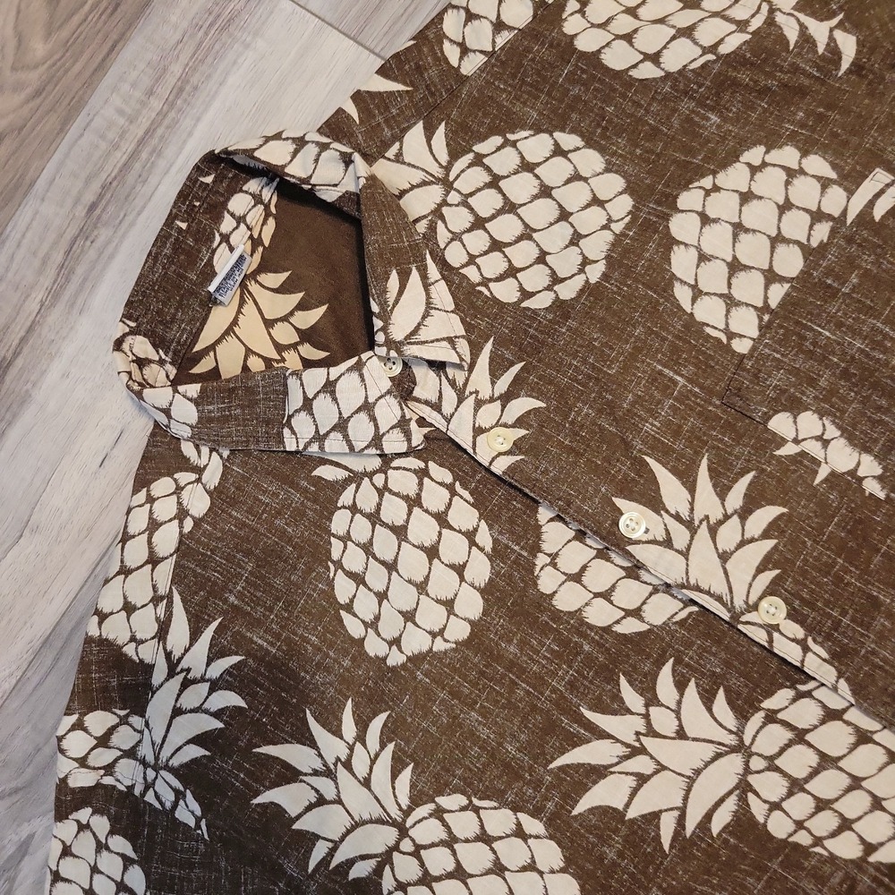 Old Navy Shirt Mens XL Brown Cotton Hawaiian Pineapple AOP Short Sleeve
